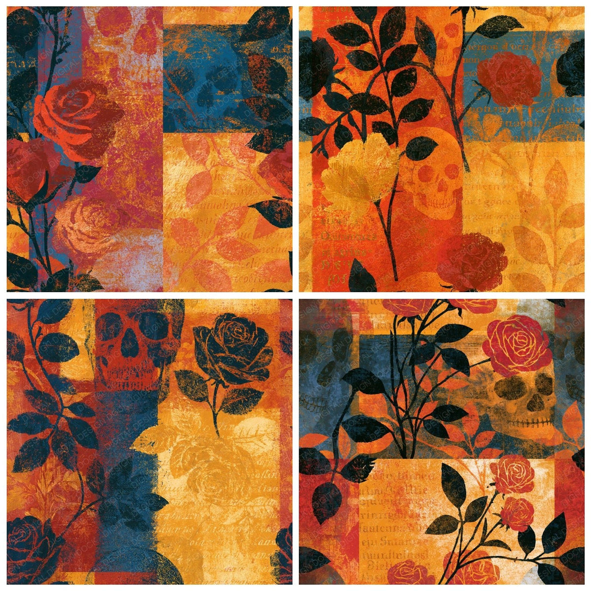 Four Bohemian Roses Skulls Saffron Rust Seamless digital papers from the pack shown in a grid