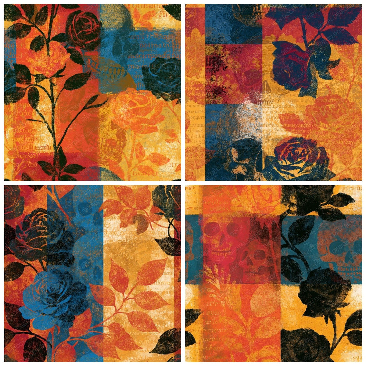 Four more Bohemian Roses Skulls Saffron Rust Seamless digital papers from the pack shown in a grid