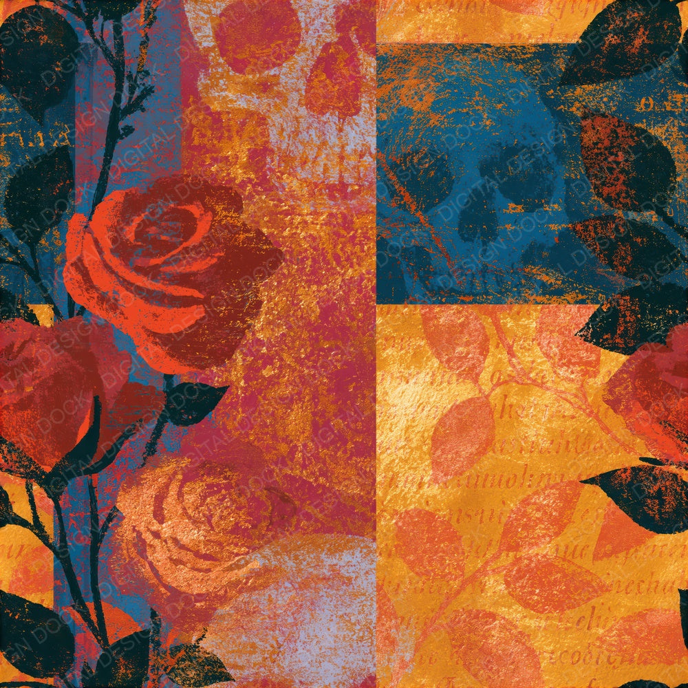 Single Bohemian Roses Skulls Saffron Rust Seamless digital paper shown full size