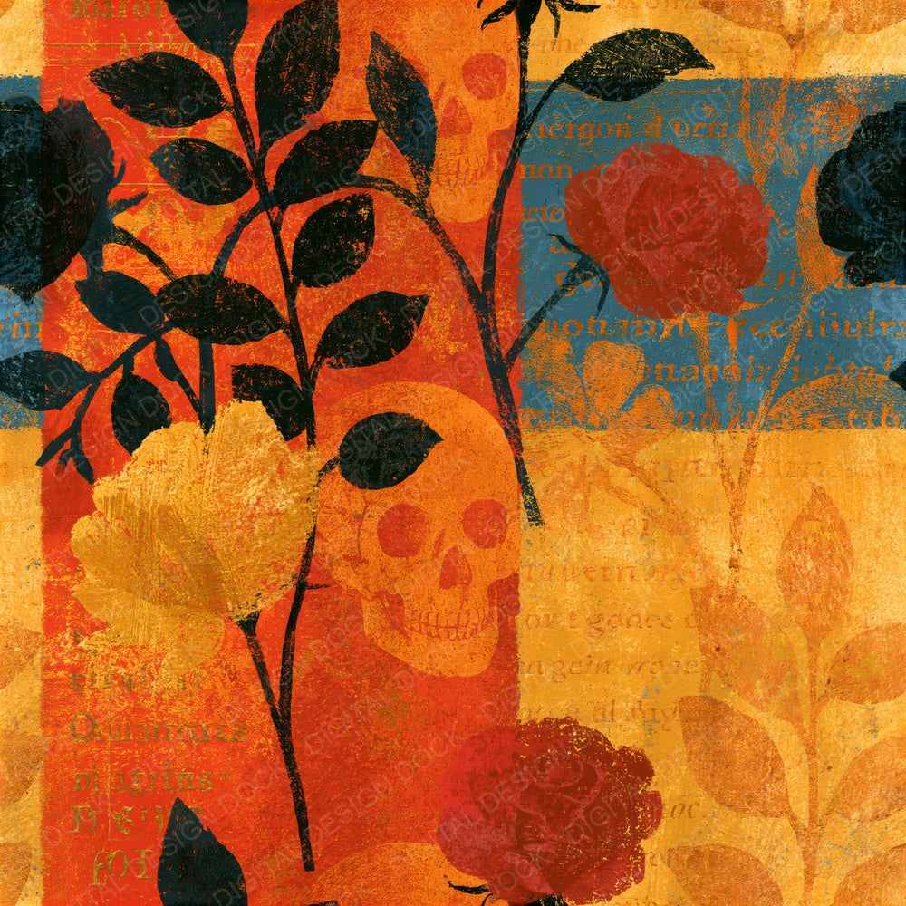 Another Bohemian Roses Skulls Saffron Rust Seamless digital paper shown full size