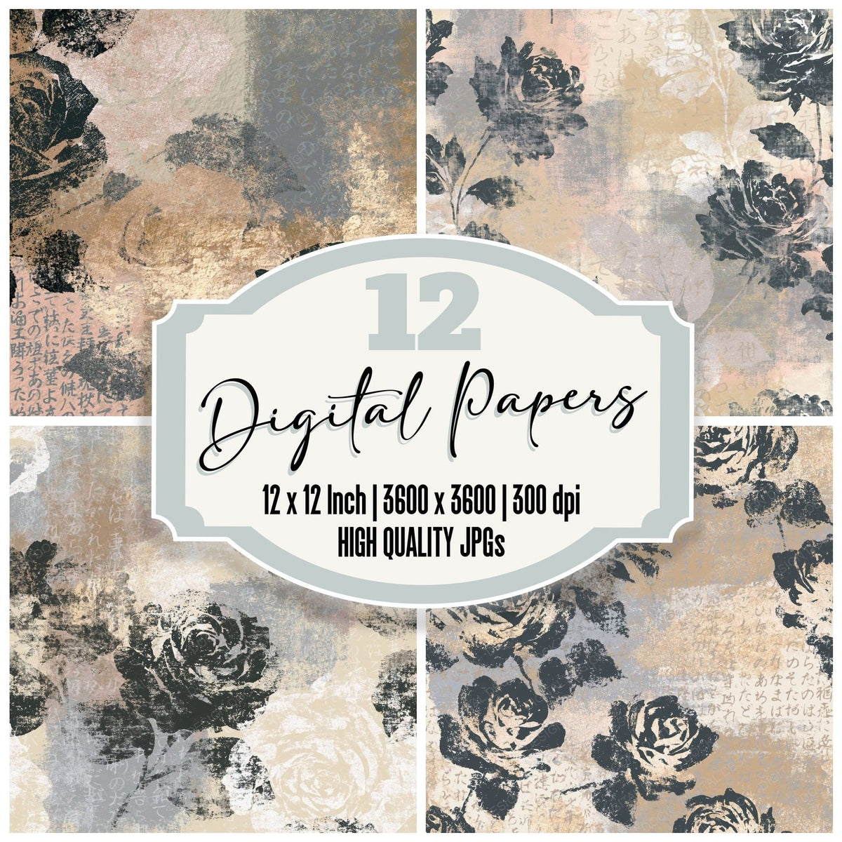 Charcoal Roses Sand Dove Grey digital paper pack cover showing four of the 12 papers