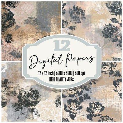 Charcoal Roses Sand Dove Grey Digital Paper Pack (DDD016749)