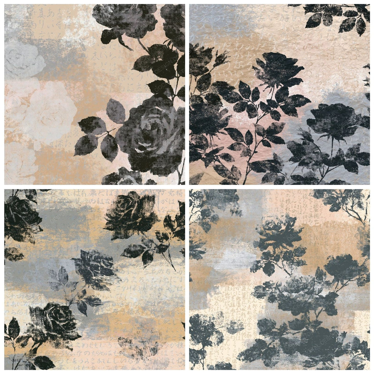 Four Charcoal Roses Sand Dove Grey digital papers from the pack shown in a grid