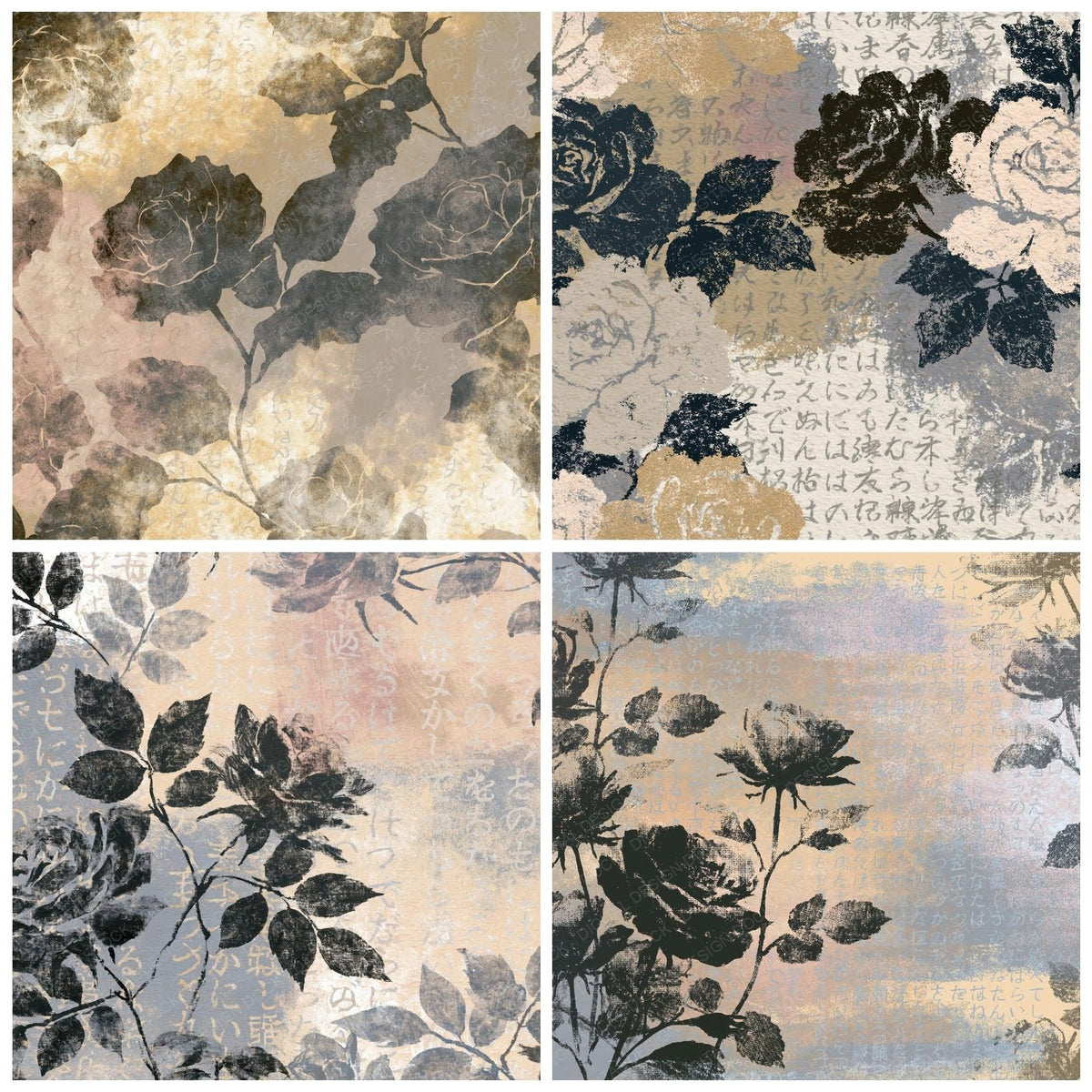 Four more Charcoal Roses Sand Dove Grey digital papers from the pack shown in a grid