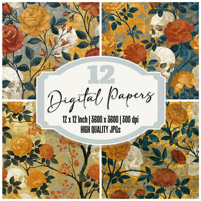 Chinoiserie Roses Skulls Saffron Digital Paper Pack (DDD016750)