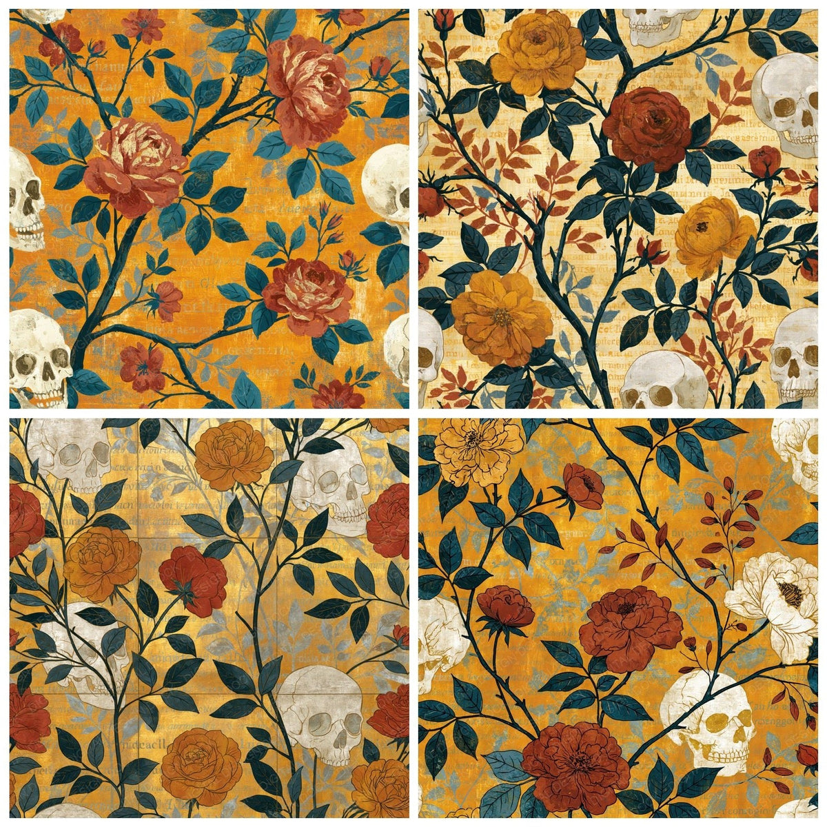 Four Chinoiserie Roses Skulls Saffron digital papers from the pack shown in a grid