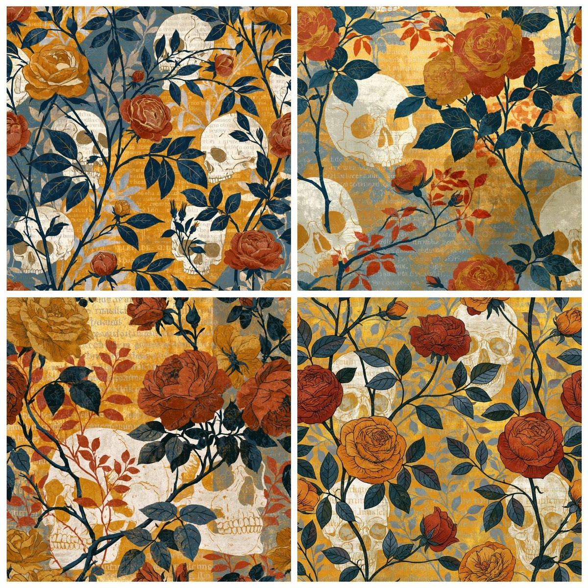 Four more Chinoiserie Roses Skulls Saffron digital papers from the pack shown in a grid