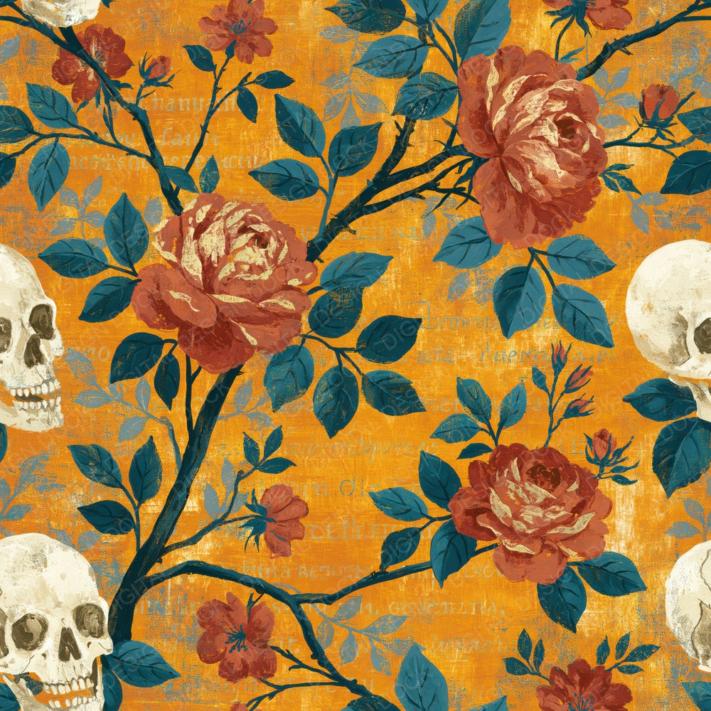 Single Chinoiserie Roses Skulls Saffron digital paper shown full size