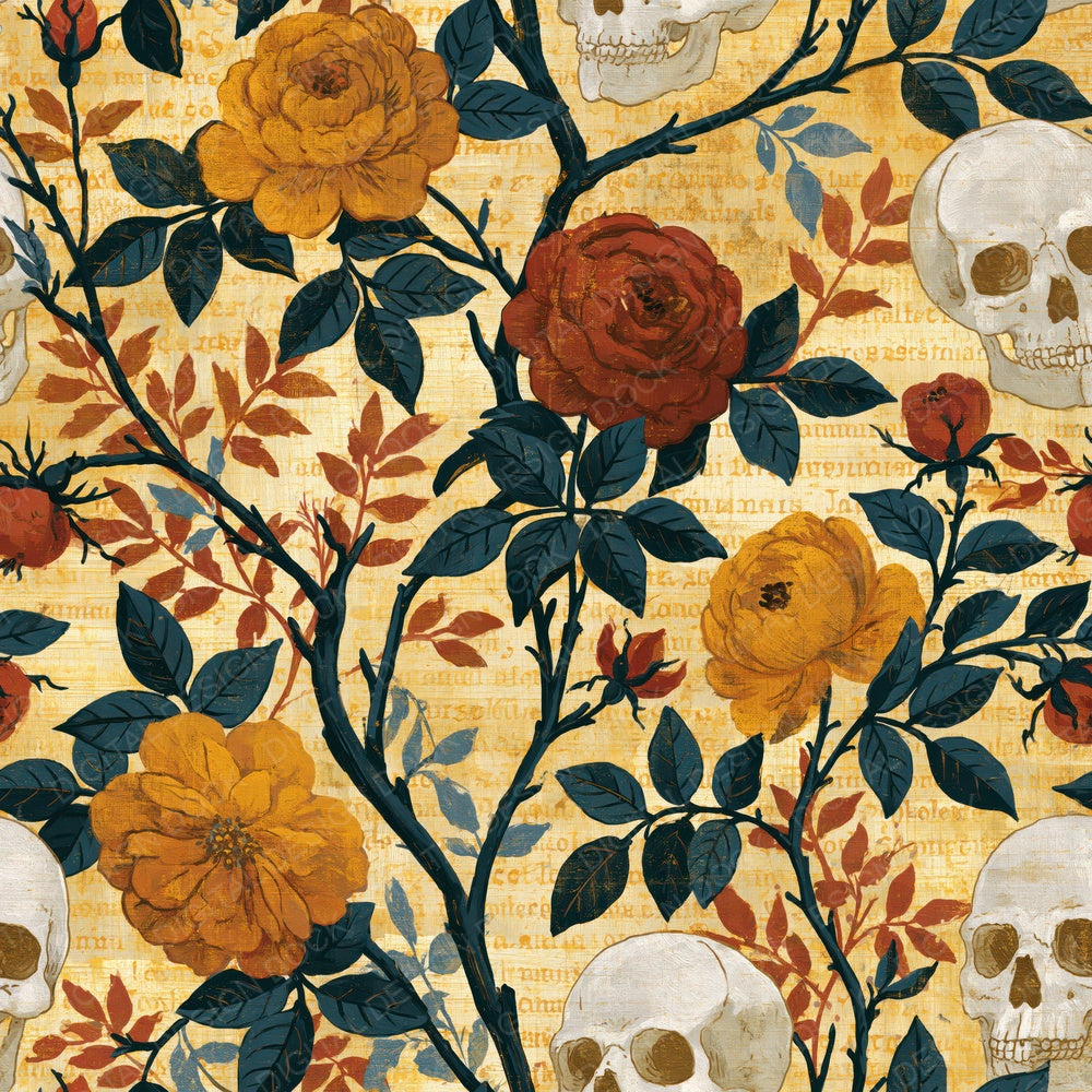 Another Chinoiserie Roses Skulls Saffron digital paper shown full size
