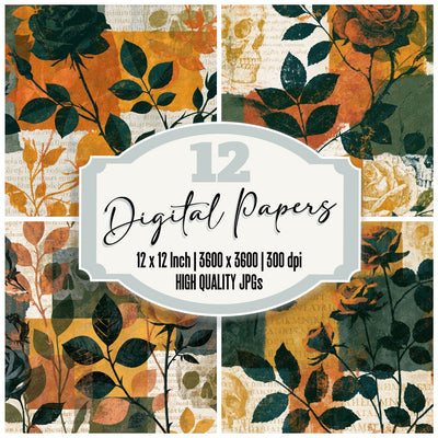 Collage Roses Skulls Olive Ochre Digital Paper Pack (DDD016751)