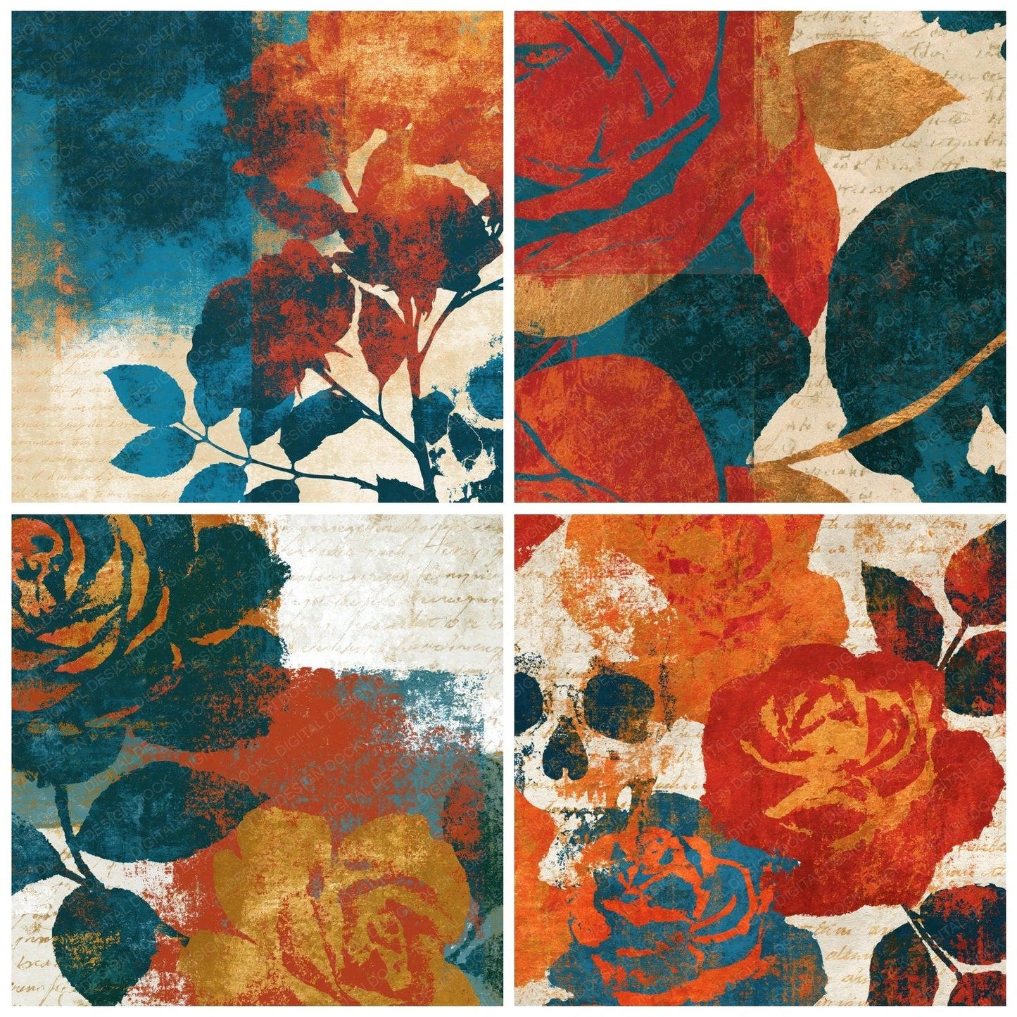 Colour Field Roses Skulls Copper Rust Abstract Digital Paper Pack (DDD016752)