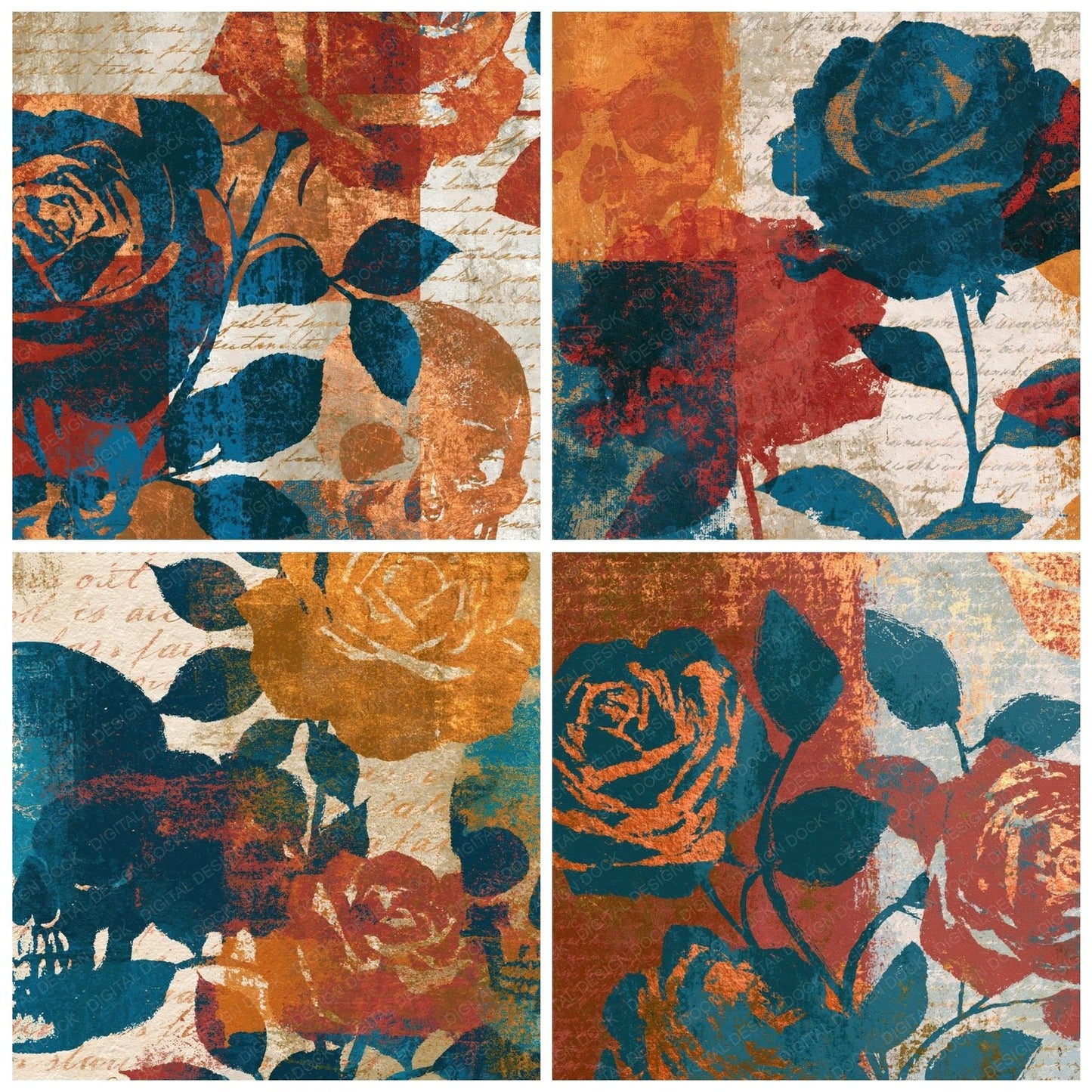 Colour Field Roses Skulls Copper Rust Abstract Digital Paper Pack (DDD016752)