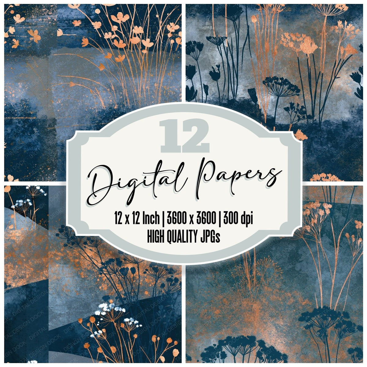 Cyanotype Wildflowers Gunmetal Rust Seamless digital paper pack cover showing four of the 12 papers