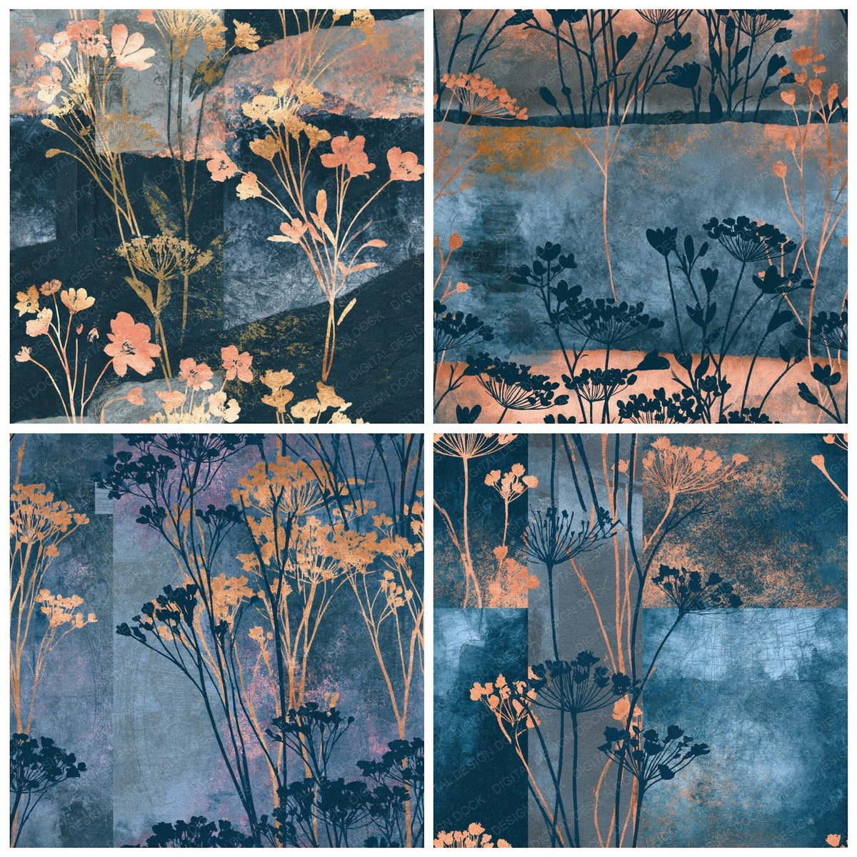 Four Cyanotype Wildflowers Gunmetal Rust Seamless digital papers from the pack shown in a grid