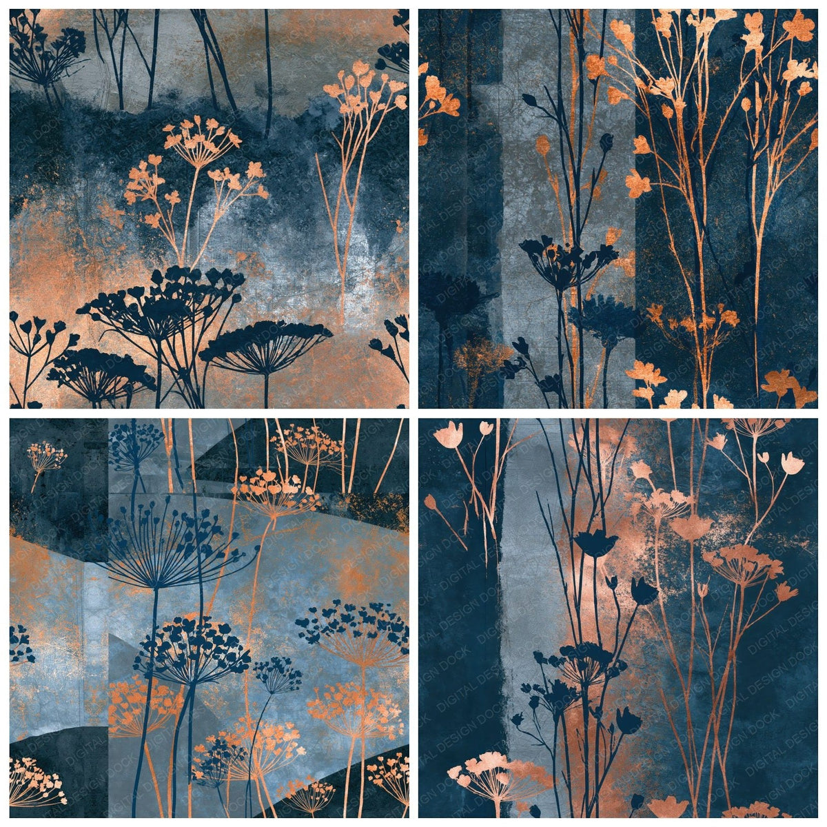 Four more Cyanotype Wildflowers Gunmetal Rust Seamless digital papers from the pack shown in a grid