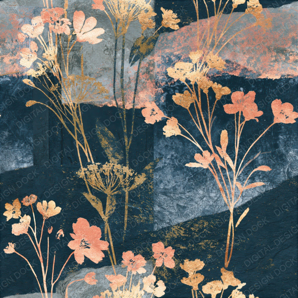 Single Cyanotype Wildflowers Gunmetal Rust Seamless digital paper shown full size
