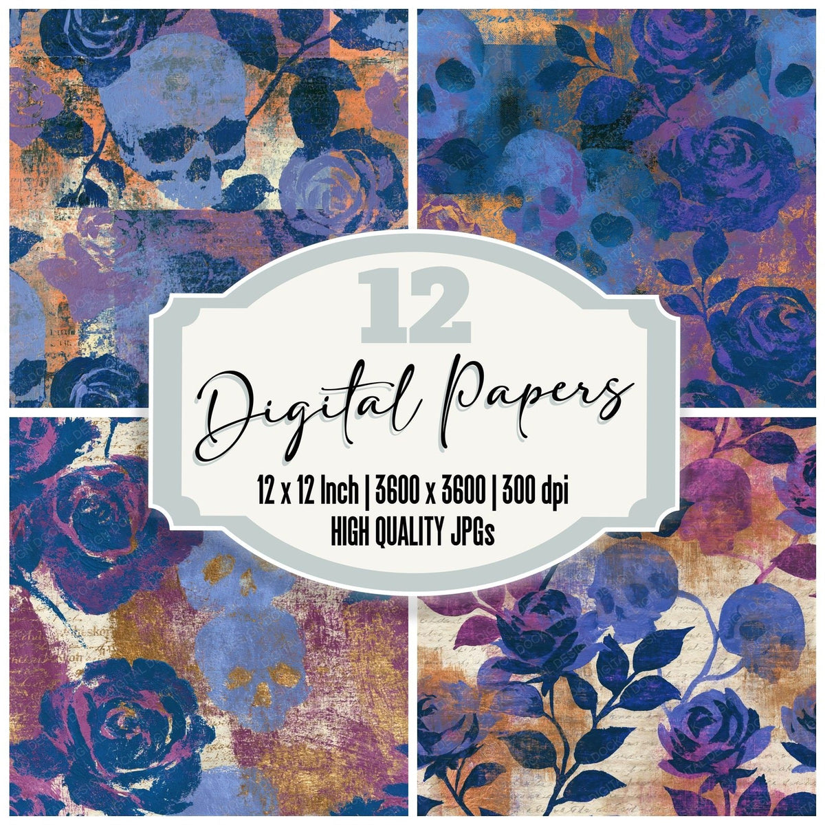 Gouache Roses Skulls Periwinkle Seamless digital paper pack cover showing four of the 12 papers