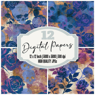 Gouache Roses Skulls Periwinkle Seamless Digital Paper Pack (DDD016754)