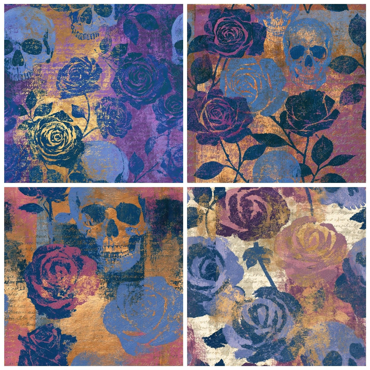 Four Gouache Roses Skulls Periwinkle Seamless digital papers from the pack shown in a grid
