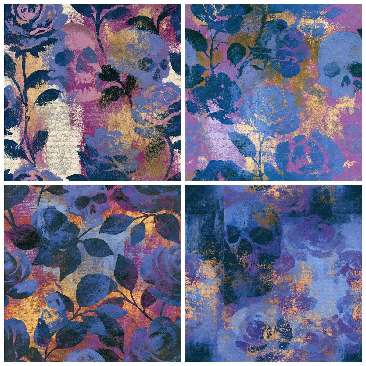 Four more Gouache Roses Skulls Periwinkle Seamless digital papers from the pack shown in a grid
