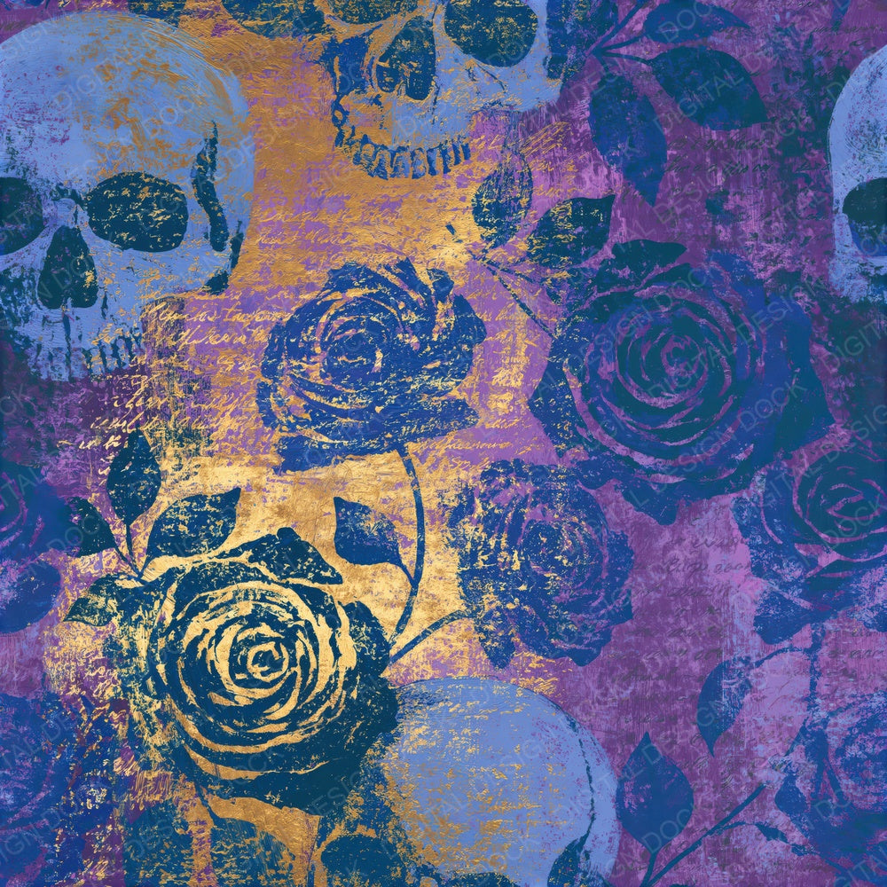 Single Gouache Roses Skulls Periwinkle Seamless digital paper shown full size