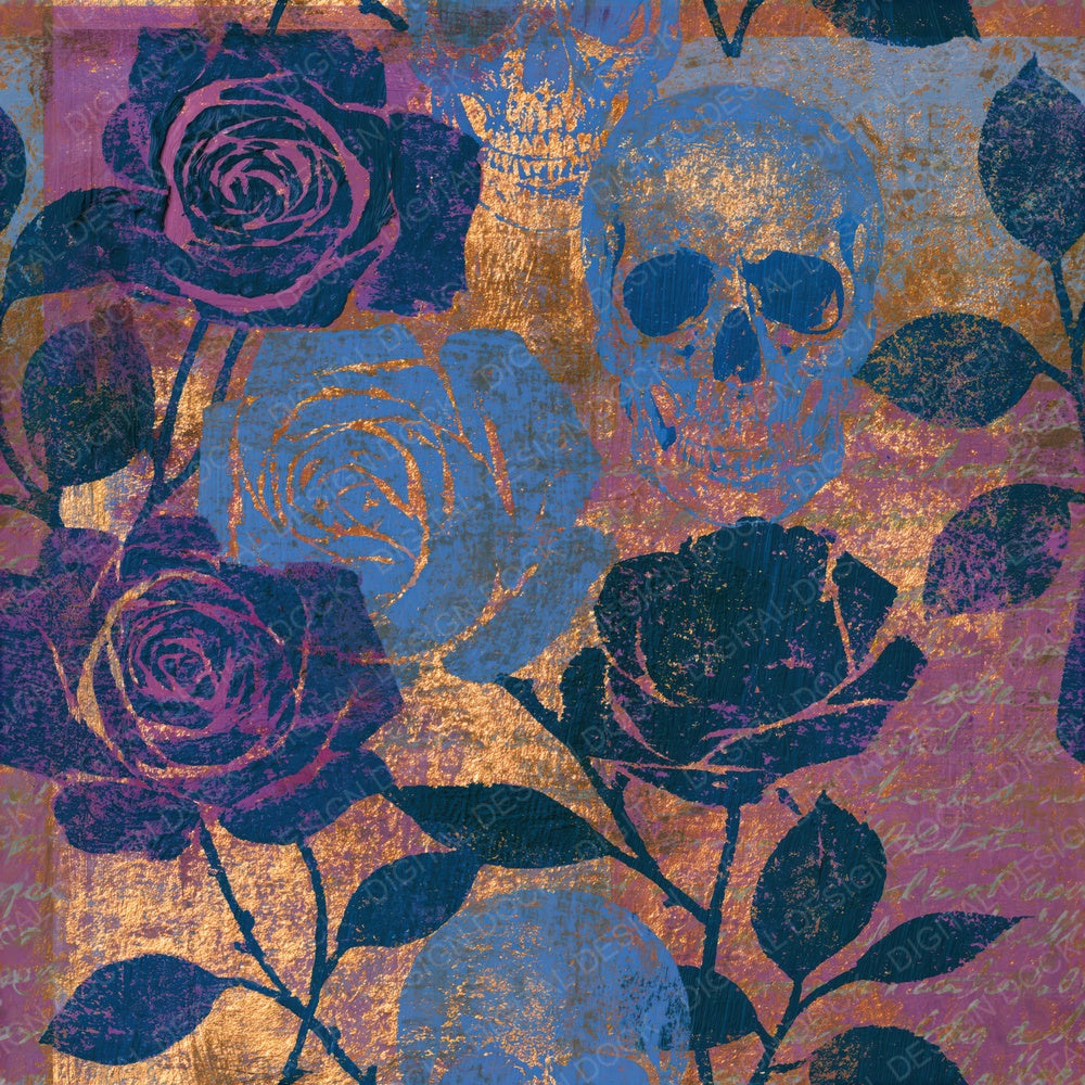 Another Gouache Roses Skulls Periwinkle Seamless digital paper shown full size