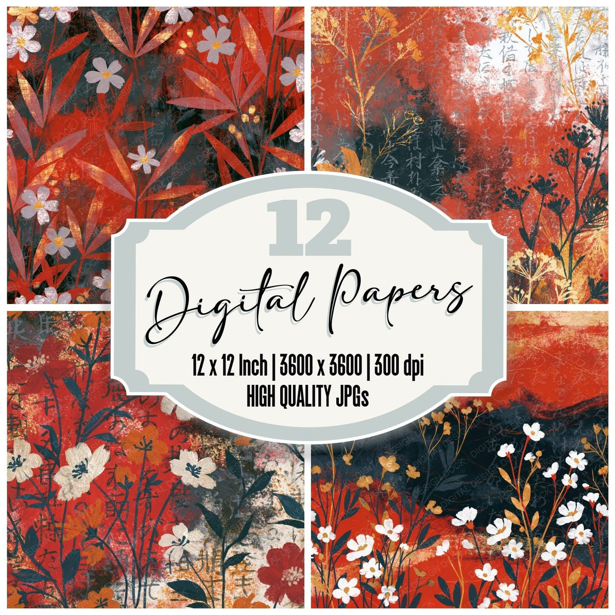Gouache Wildflowers Crimson Coal digital paper pack cover showing four of the 12 papers