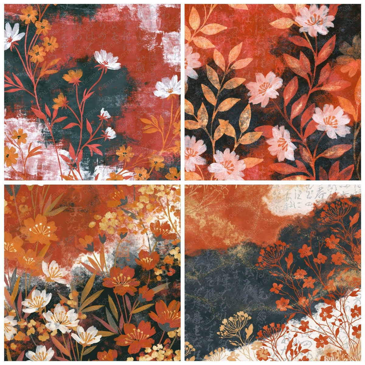Four Gouache Wildflowers Crimson Coal digital papers from the pack shown in a grid