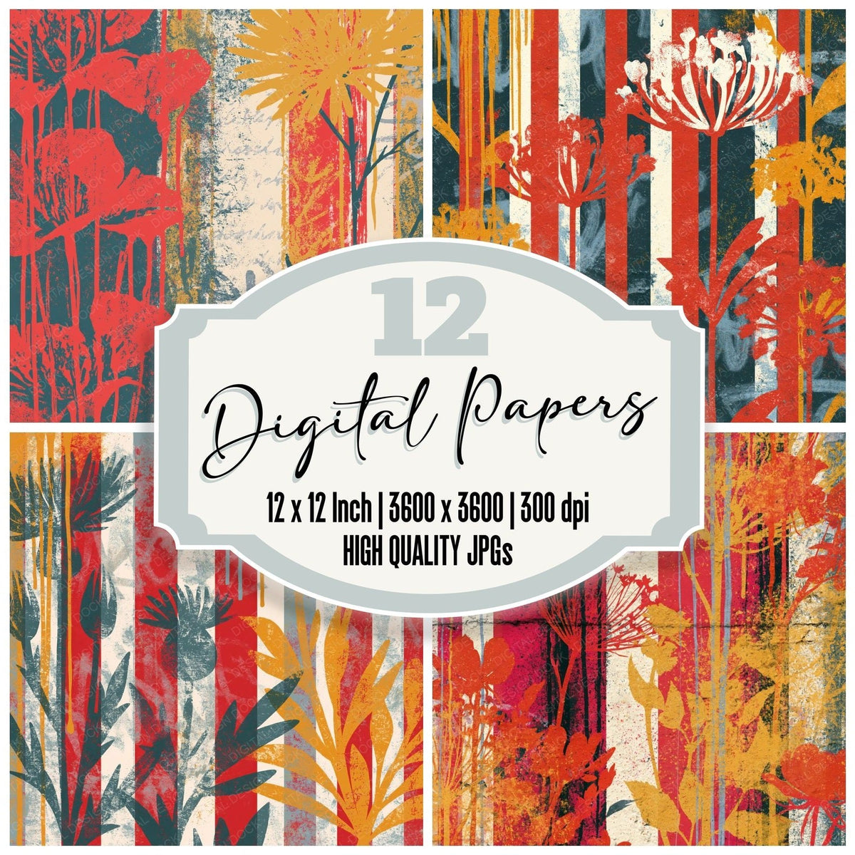 Graffiti Wildflowers Red Cream digital paper pack cover showing four of the 12 papers