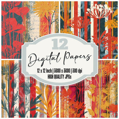 Graffiti Wildflowers Red Cream digital paper pack cover showing four of the 12 papers