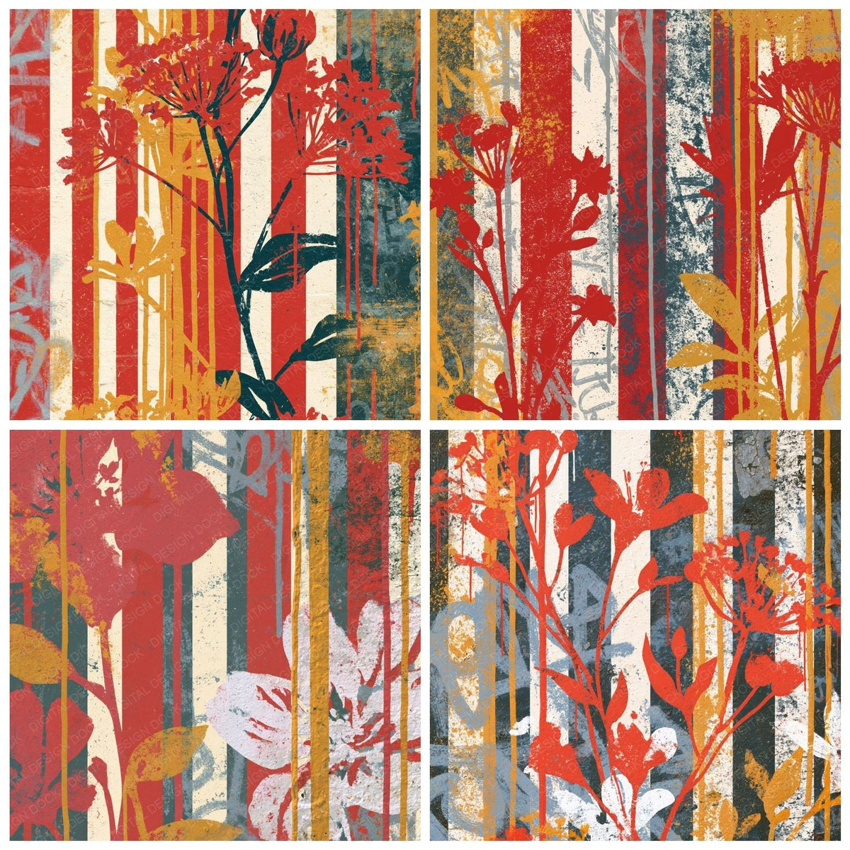 Four Graffiti Wildflowers Red Cream digital papers from the pack shown in a grid