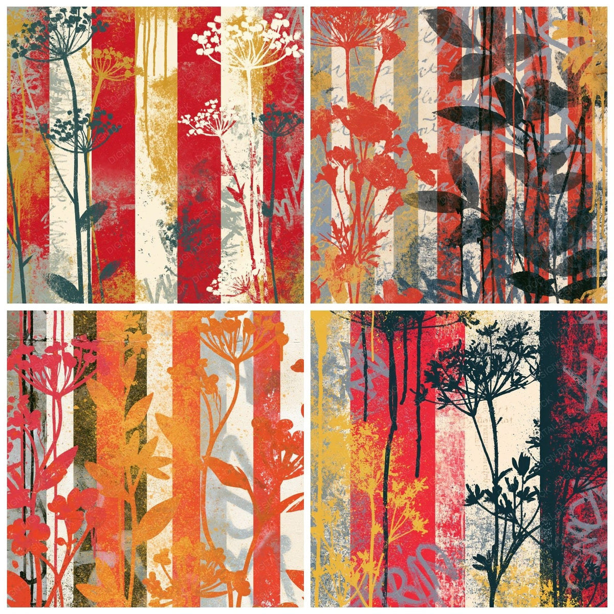Four more Graffiti Wildflowers Red Cream digital papers from the pack shown in a grid