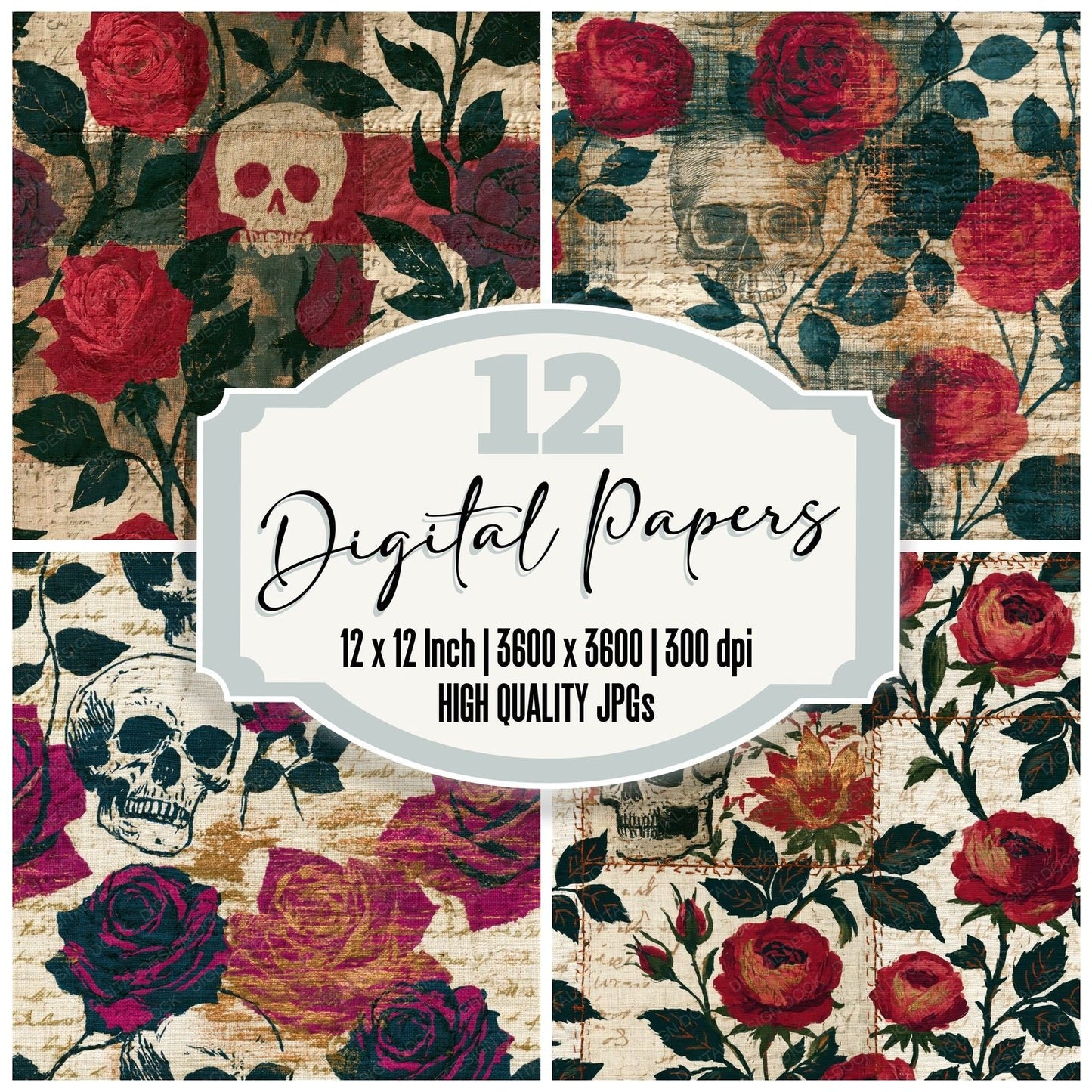 Kantha Roses Skulls Berry Spruce Seamless Digital Paper Pack (DDD016757)
