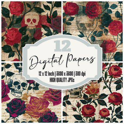 Kantha Roses Skulls Berry Spruce Seamless Digital Paper Pack (DDD016757)