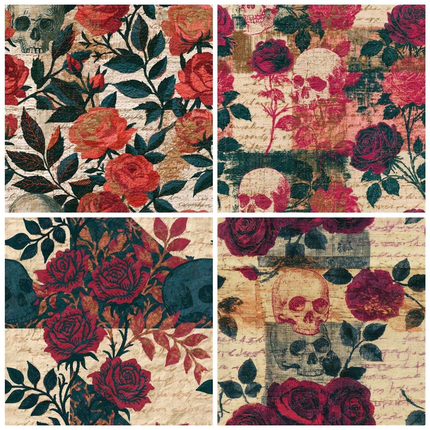 Kantha Roses Skulls Berry Spruce Seamless Digital Paper Pack (DDD016757)