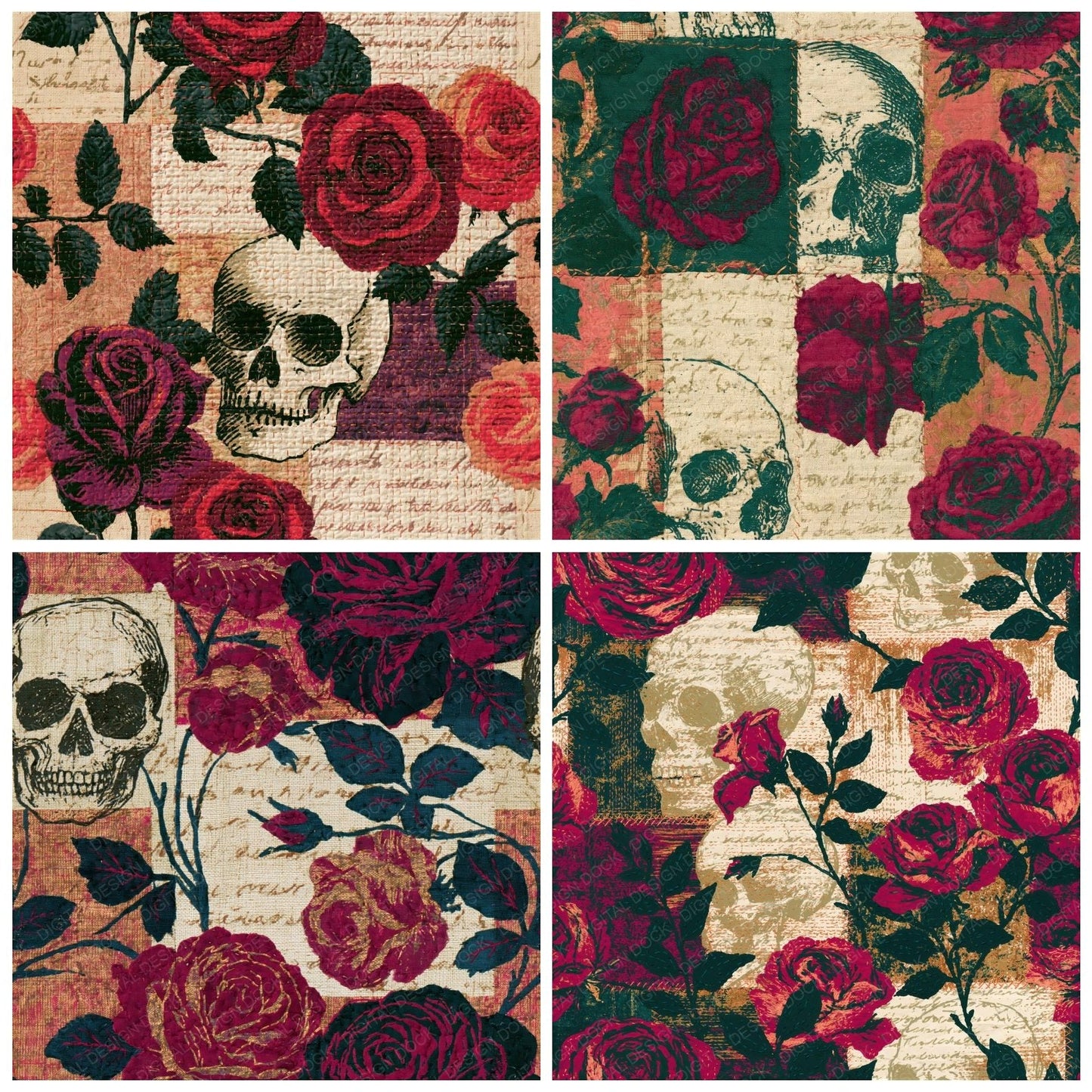 Kantha Roses Skulls Berry Spruce Seamless Digital Paper Pack (DDD016757)