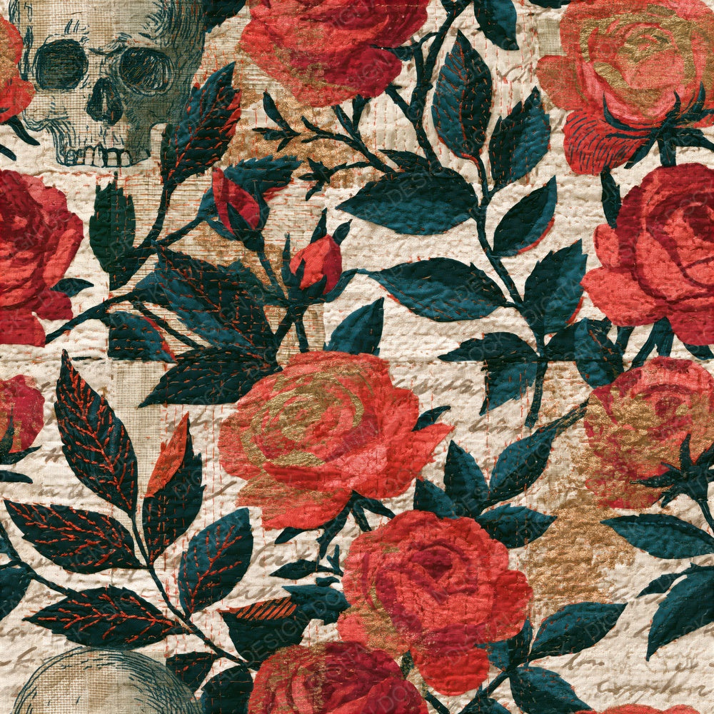 Kantha Roses Skulls Berry Spruce Seamless Digital Paper Pack (DDD016757)