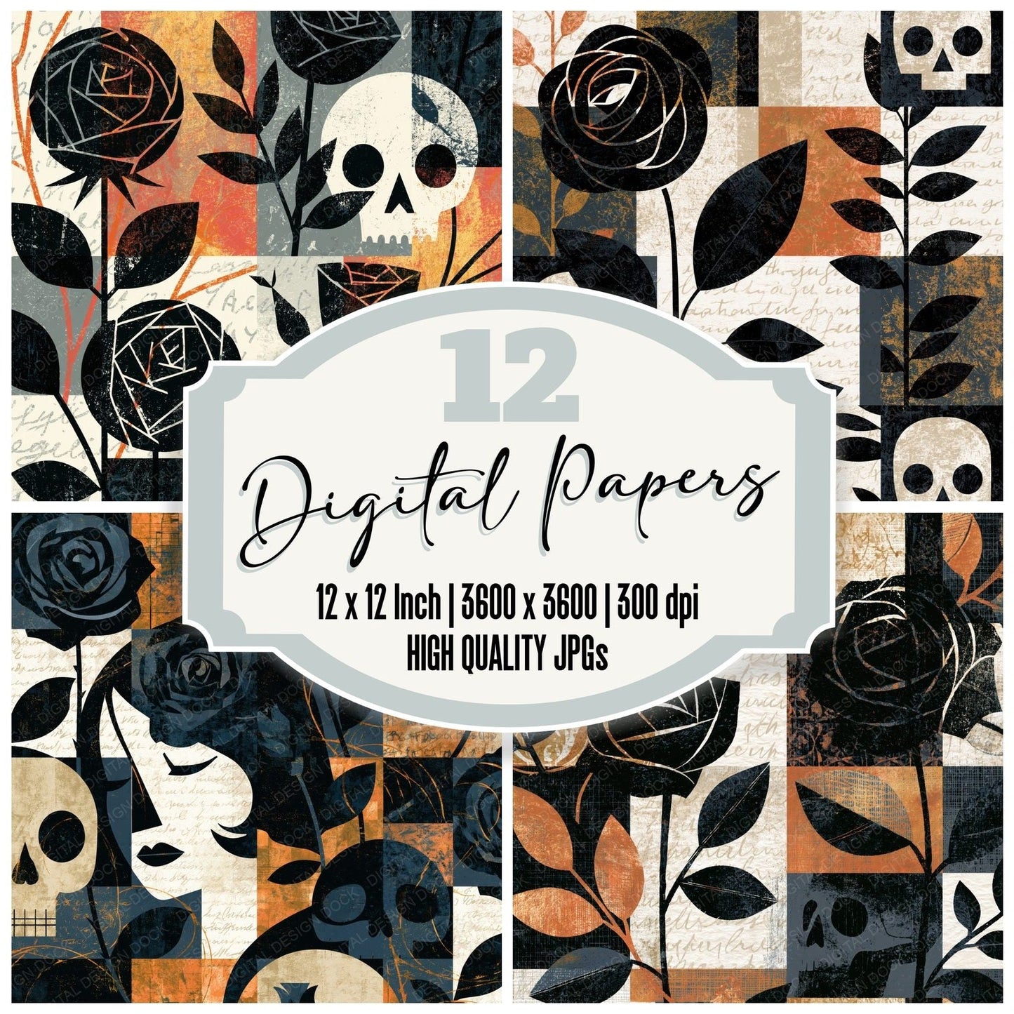 Mid Century Roses Skulls Abstract Digital Paper Pack (DDD016758)
