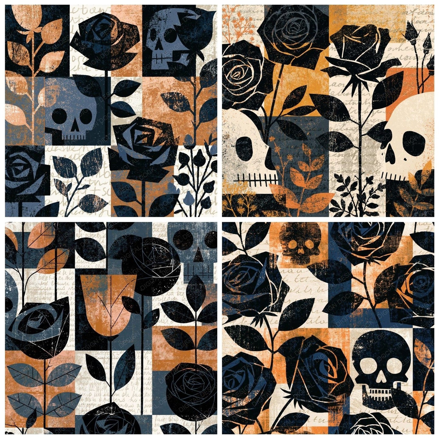Mid Century Roses Skulls Abstract Digital Paper Pack (DDD016758)