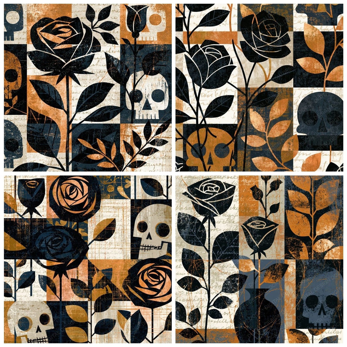 Mid Century Roses Skulls Abstract Digital Paper Pack (DDD016758)
