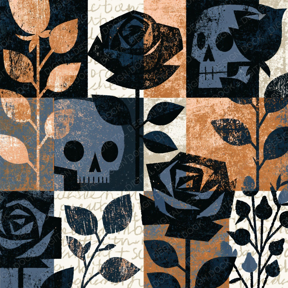 Mid Century Roses Skulls Abstract Digital Paper Pack (DDD016758)