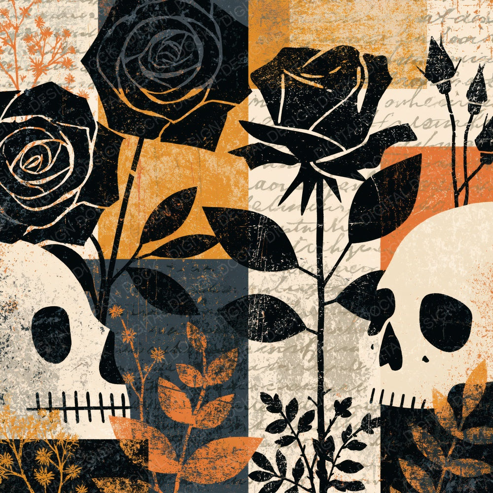Mid Century Roses Skulls Abstract Digital Paper Pack (DDD016758)
