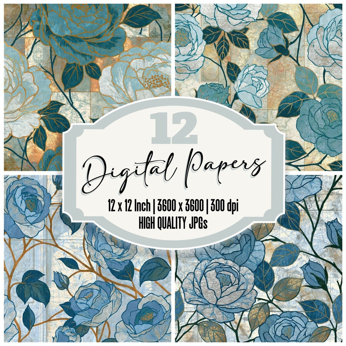 Moku Hanga Roses Glacier Silver Seamless Digital Paper Pack (DDD016759)