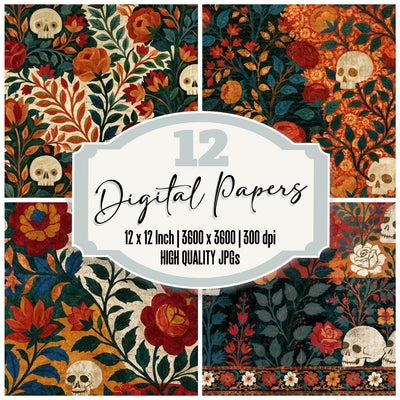 Mughal Roses Skulls Rust Ochre Digital Paper Pack (DDD016760)