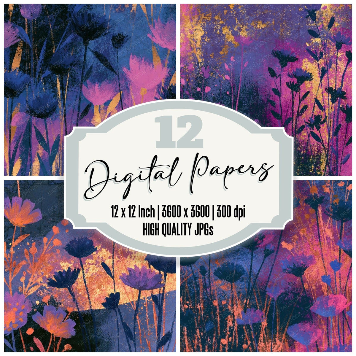 Oil Pastel Wildflowers Amethyst Rose digital paper pack cover showing four of the 12 papers