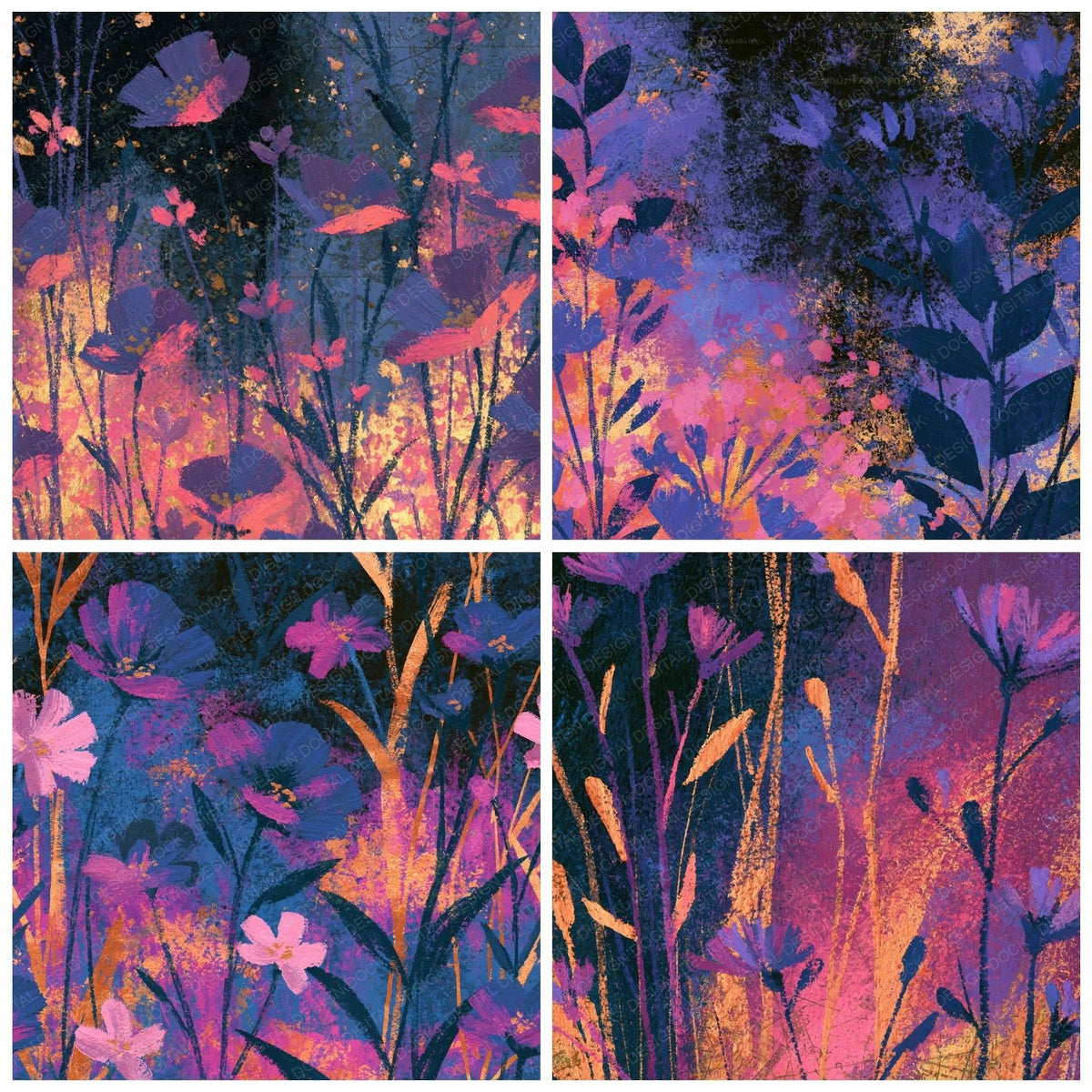 Four Oil Pastel Wildflowers Amethyst Rose digital papers from the pack shown in a grid