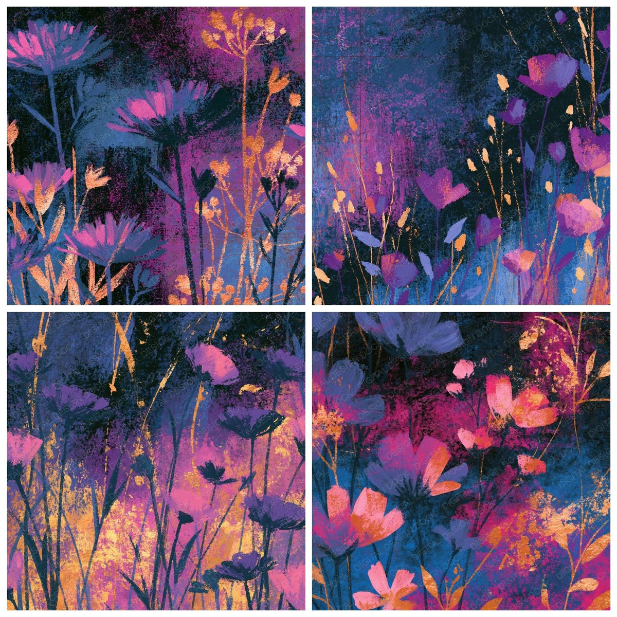 Four more Oil Pastel Wildflowers Amethyst Rose digital papers from the pack shown in a grid