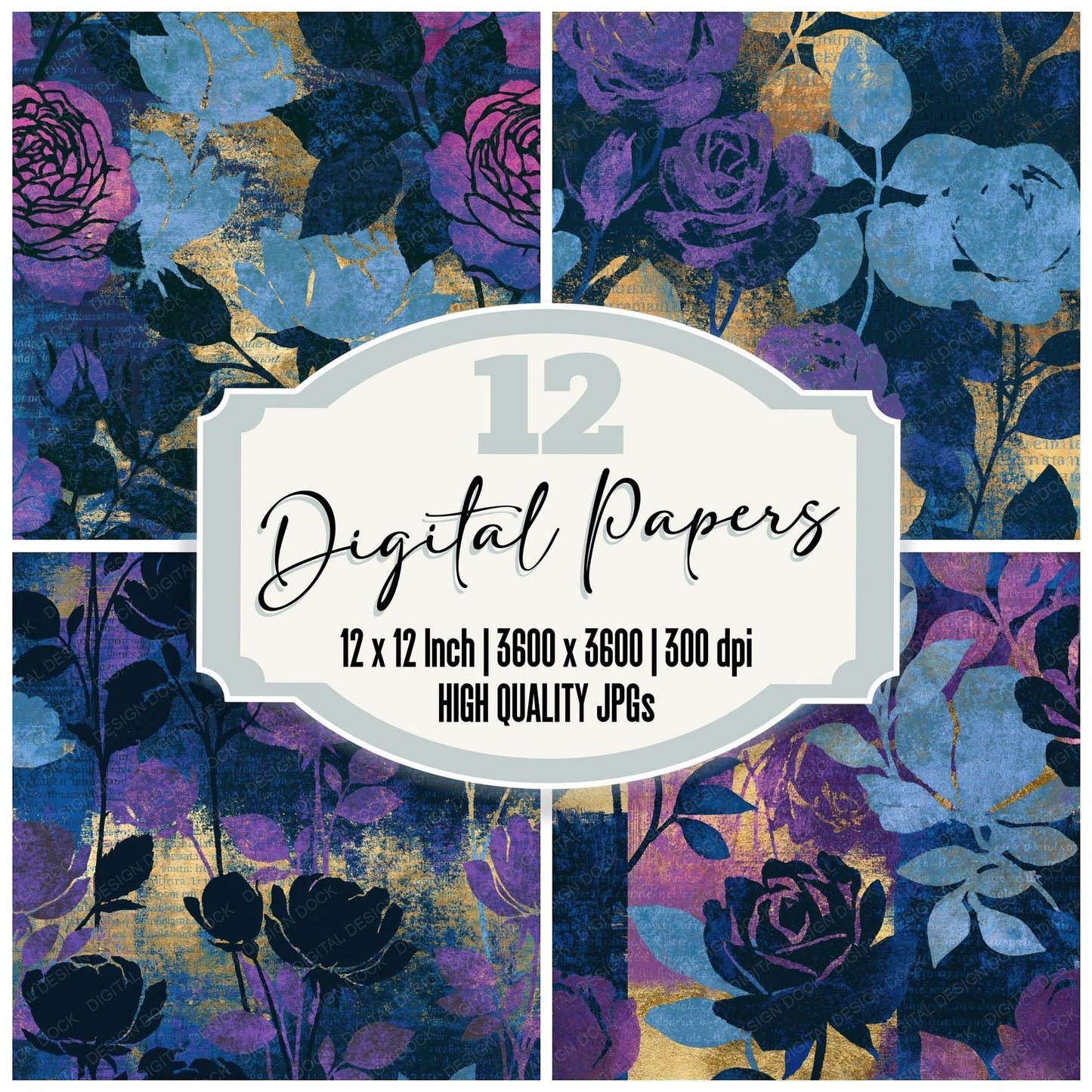 Scandinavian Roses Twilight Navy Seamless Digital Paper Pack (DDD016762)