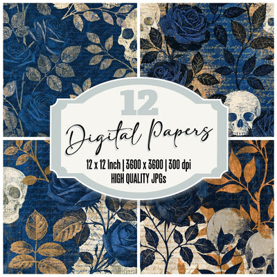 Scratchboard Roses Skulls Indigo Ivory Digital Paper Pack (DDD016763)