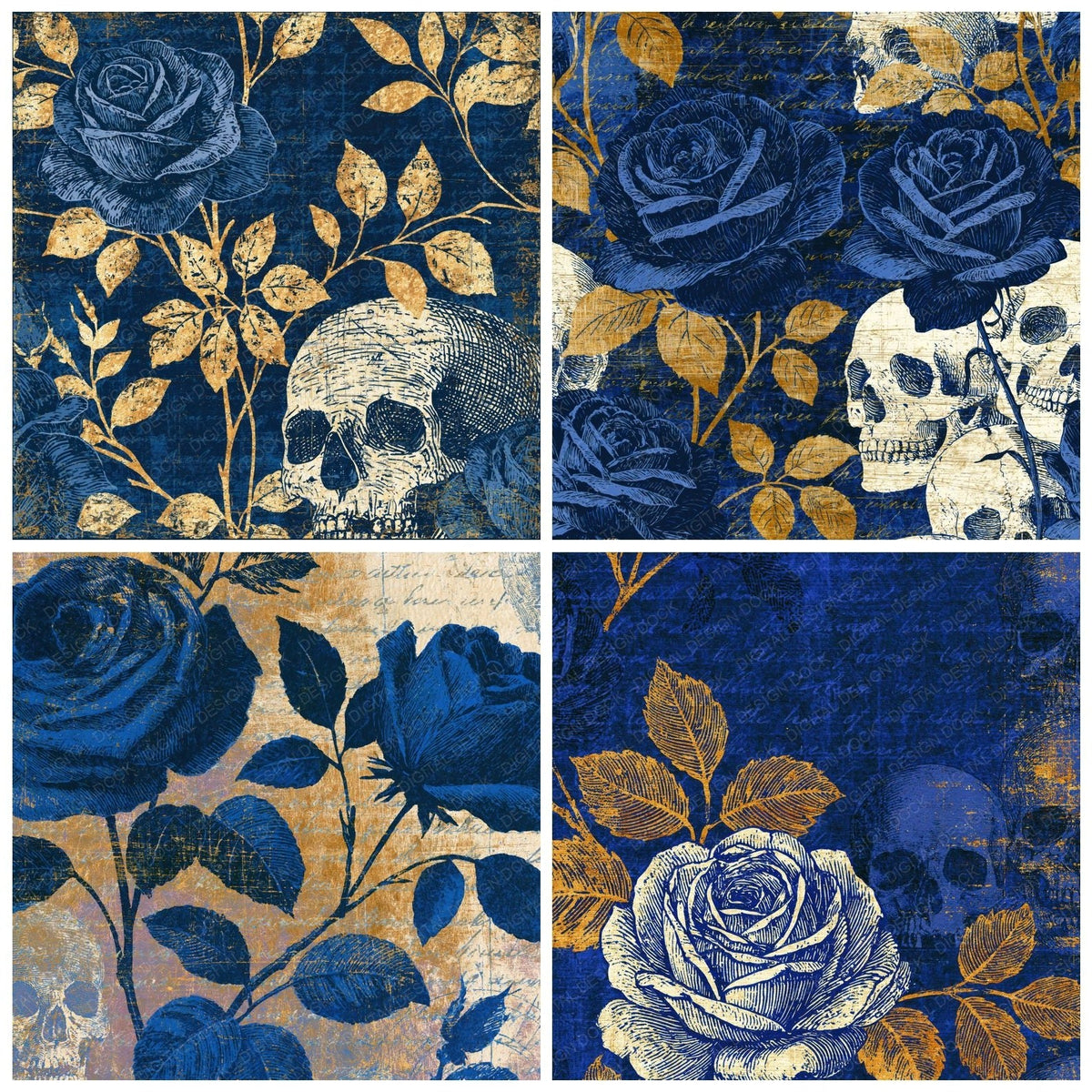 Four more Scratchboard Roses Skulls Indigo Ivory digital papers from the pack shown in a grid